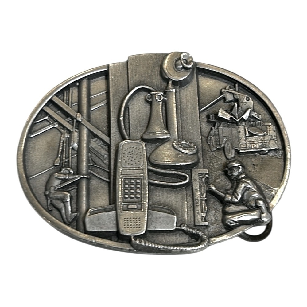 Vintage Siskyou Telephone Lineman Pewter Belt Buckle and Bechmark Black Belt
